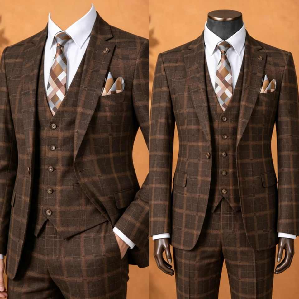 Elegant Brown Plaid Men 3 Piec - Elegant Formal Men'S Wear recension och pris